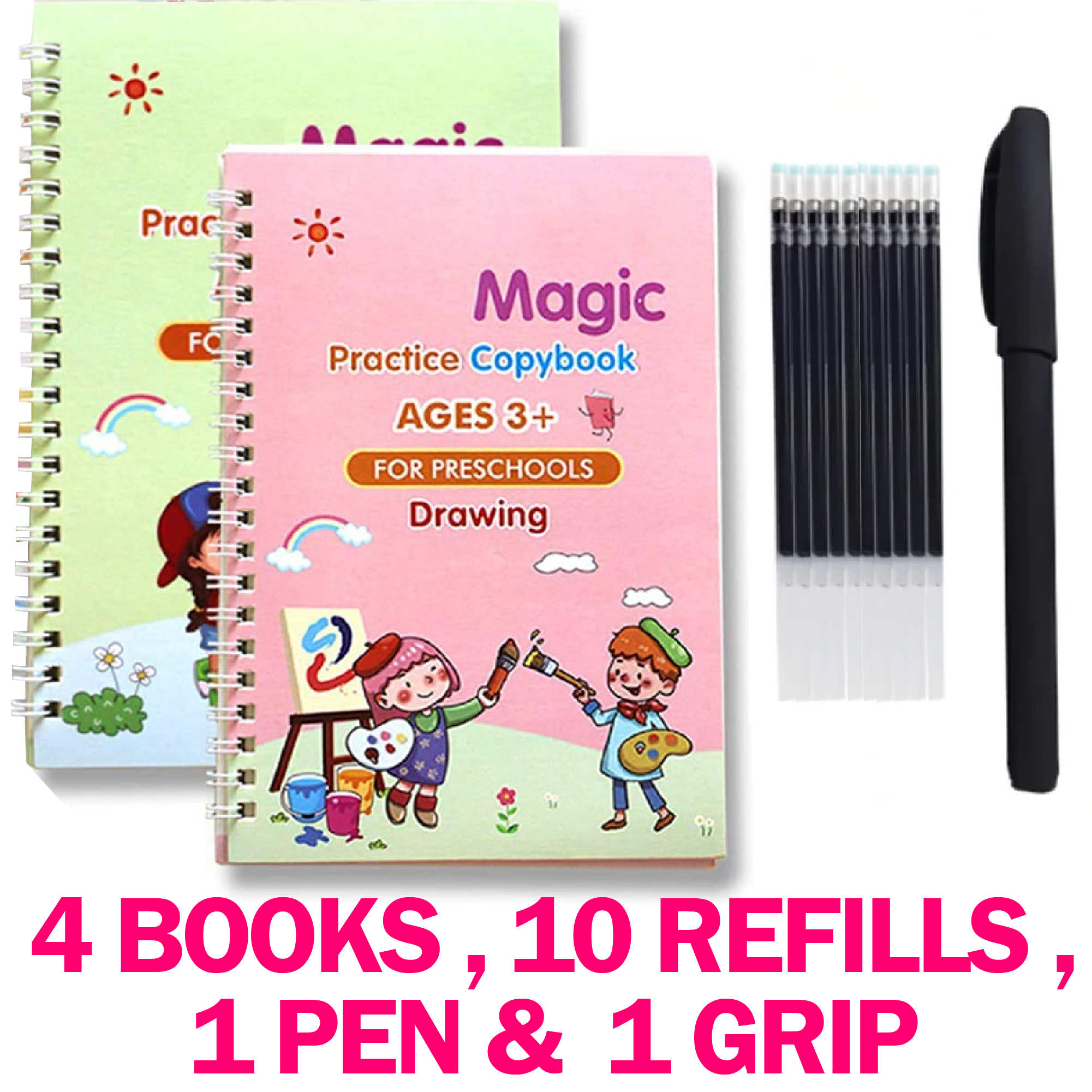 4 in 1 Sank Magic Book | Reusable Magic Practice Copy Book | 4 books + 1 Pen + 10 Refills +1 Grip - Image 4