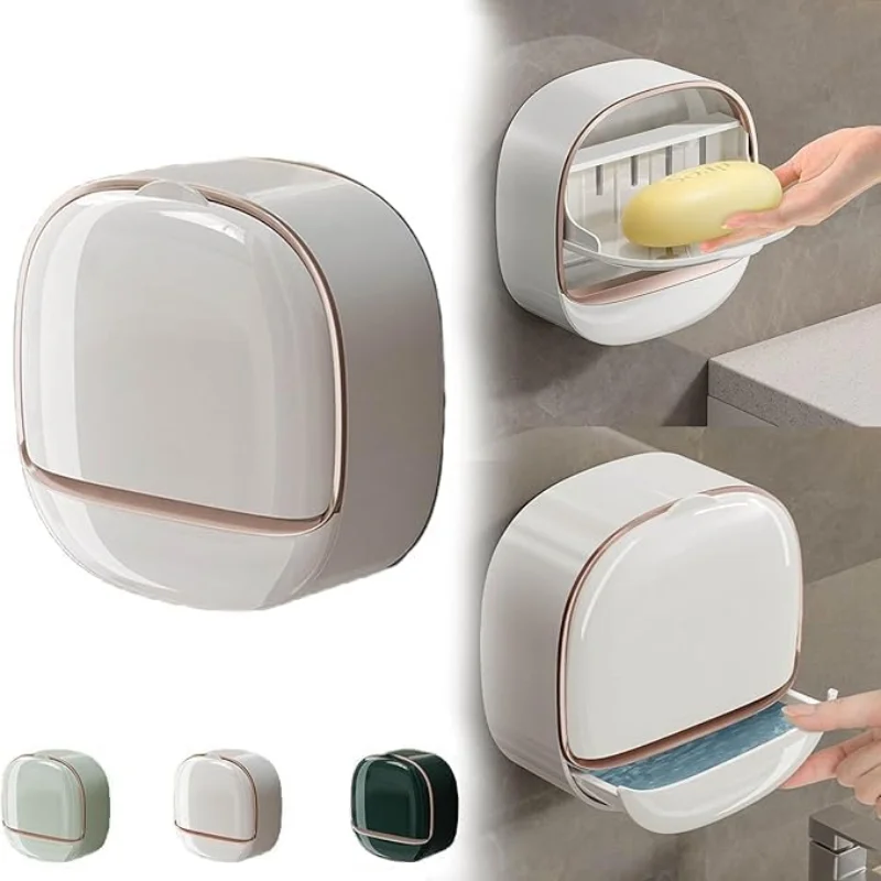 Milky White | Self-Adhesive Wall-Mounted Luxury Soap Holder with Lid and Drainage Tray - Image 4