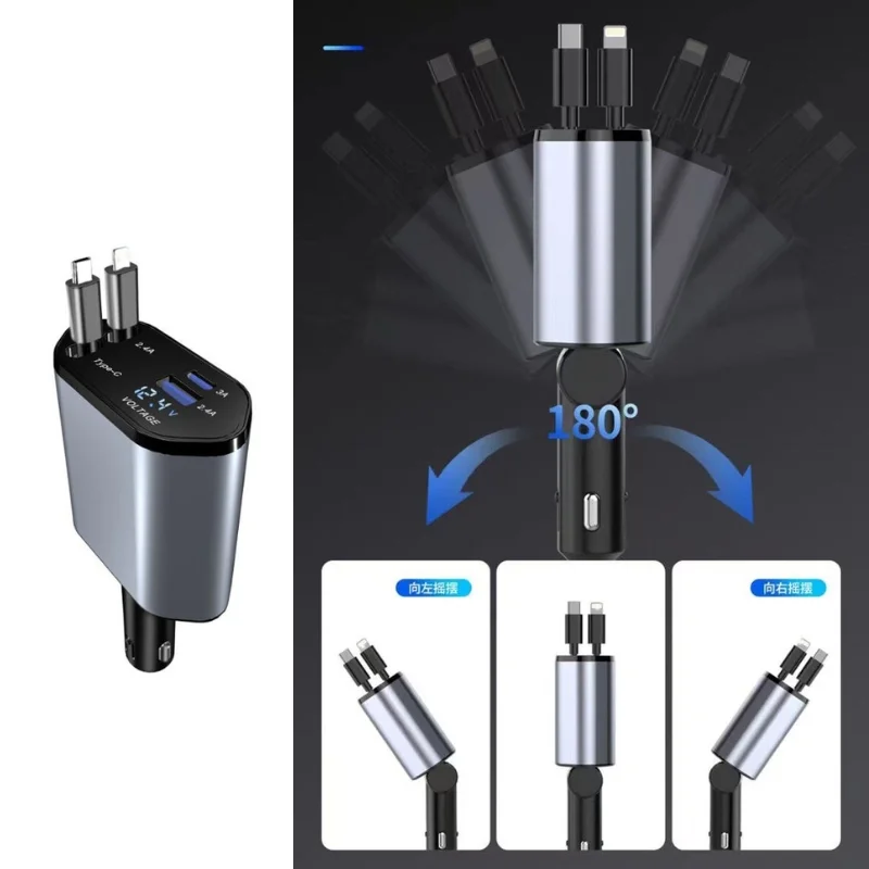 4-in-1 Retractable Car Charger | Dual USB & USB-C PD Fast Charging, 100W - Image 2