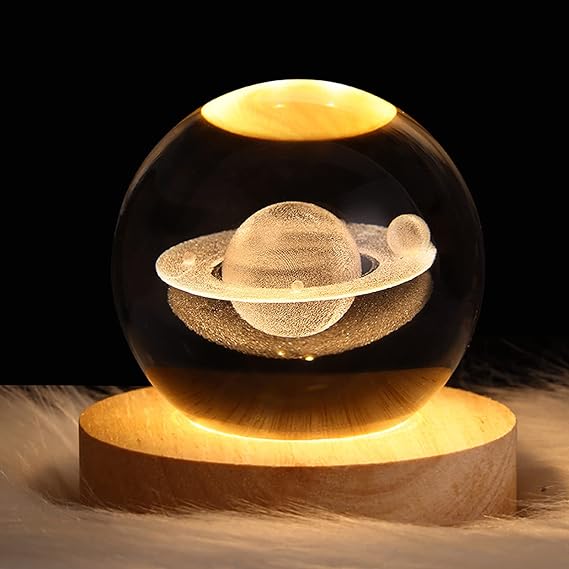 3D Galaxy Space Crystal Ball Night Light with Wooden LED Stand | USB Decorative Table Lamp | Random Designs - Image 4