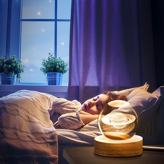 3D Galaxy Space Crystal Ball Night Light with Wooden LED Stand | USB Decorative Table Lamp | Random Designs - Image 2