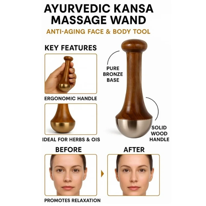 Kansa Wand Face & Foot Massager | Ayurvedic Bronze Massage Tool with Wooden Handle | For Face, Neck, Head & Body - Image 2