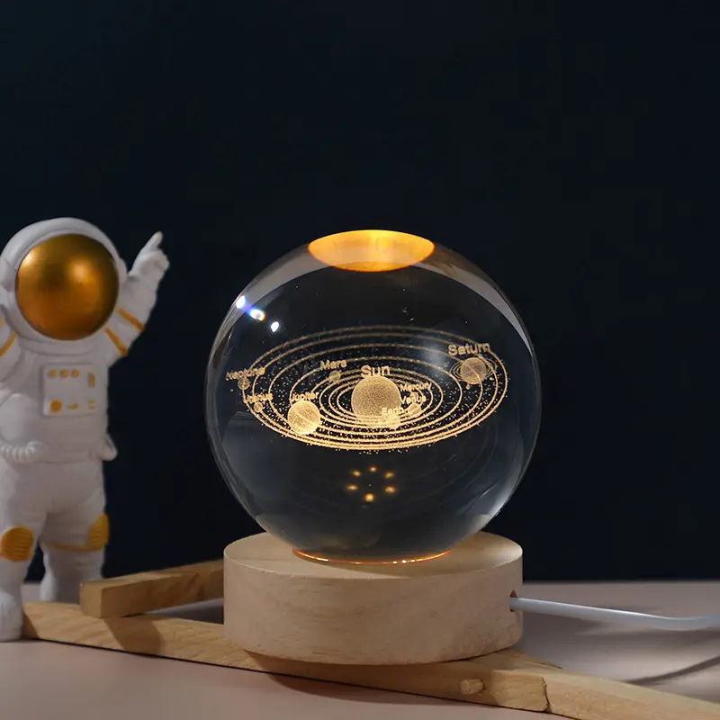 3D Galaxy Space Crystal Ball Night Light with Wooden LED Stand | USB Decorative Table Lamp | Random Designs - Image 3