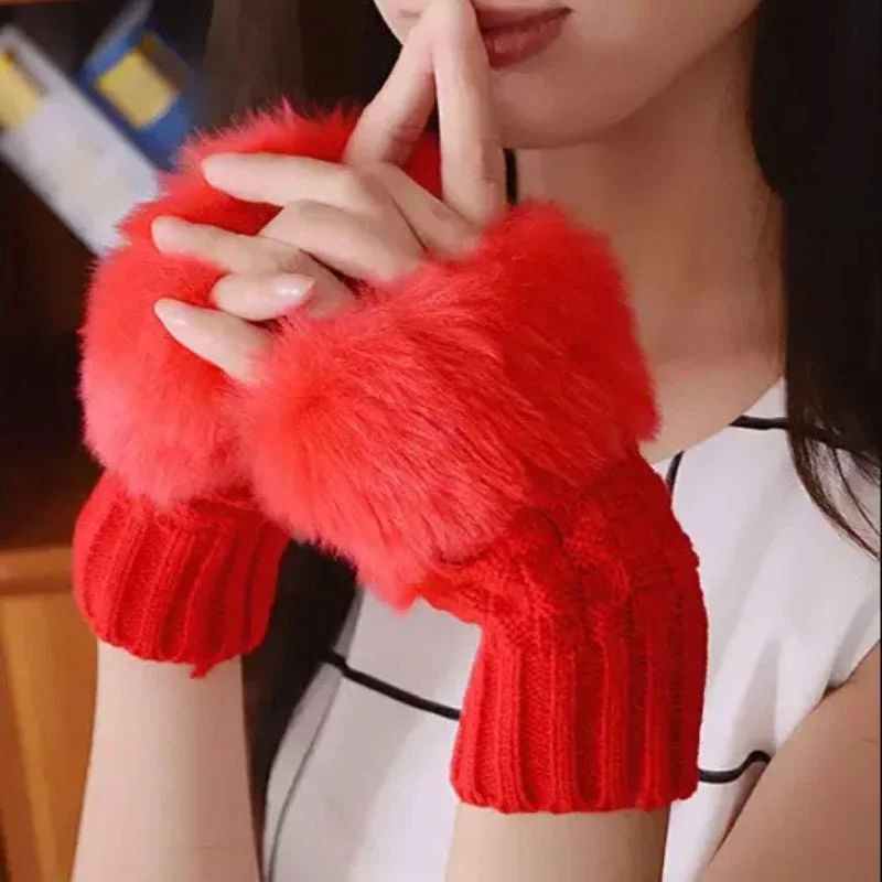 Women’s Faux Fur Fingerless Knitted Gloves | Warm Winter Hand Wrist Warmers | Soft, Stylish & Comfortable | Red - Image 3