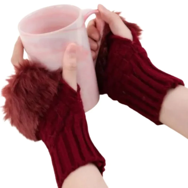 Women’s Faux Fur Fingerless Knitted Gloves | Warm Winter Hand Wrist Warmers | Soft, Stylish & Comfortable | Maroon - Image 2