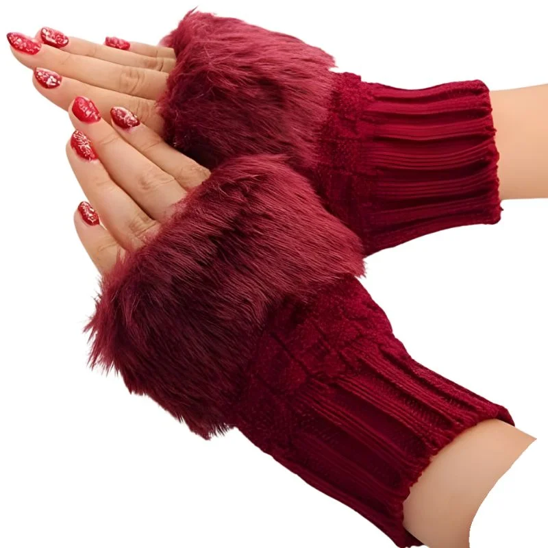 Women’s Faux Fur Fingerless Knitted Gloves | Warm Winter Hand Wrist Warmers | Soft, Stylish & Comfortable | Maroon - Image 4