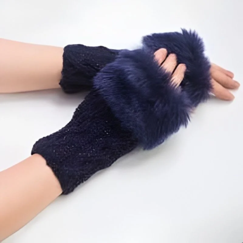 Women’s Faux Fur Fingerless Knitted Gloves | Warm Winter Hand Wrist Warmers | Soft, Stylish & Comfortable | Blue