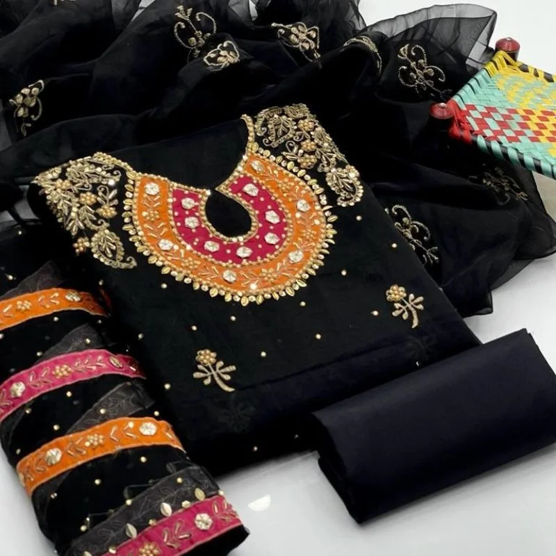 Organza 3-Piece Suit for Women | Unstitched Handmade Aari Zari & Beads Work - Image 3
