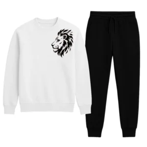 LION Printed White Tracksuit Sweatshirt & Trouser  | Warm & Comfortable Winter Wear | Medium