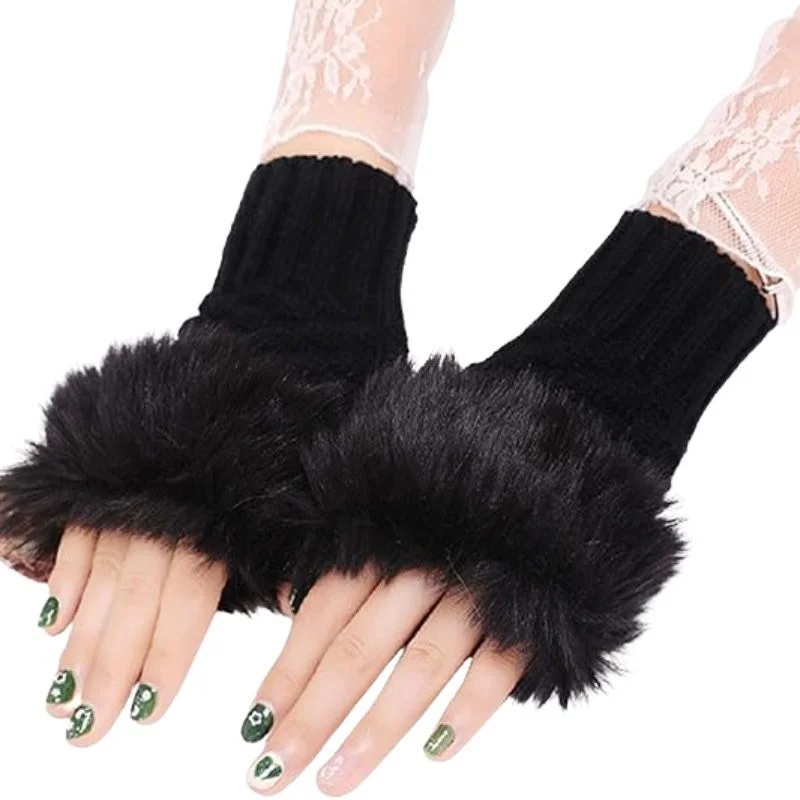 Women’s Faux Fur Fingerless Knitted Gloves | Warm Winter Hand Wrist Warmers | Soft, Stylish & Comfortable | Black - Image 2