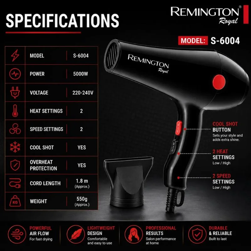 Remington Royal Style House Hair Dryer | Model S-6004 | Fast Drying | Cool Shot Function | 5000W - Image 4