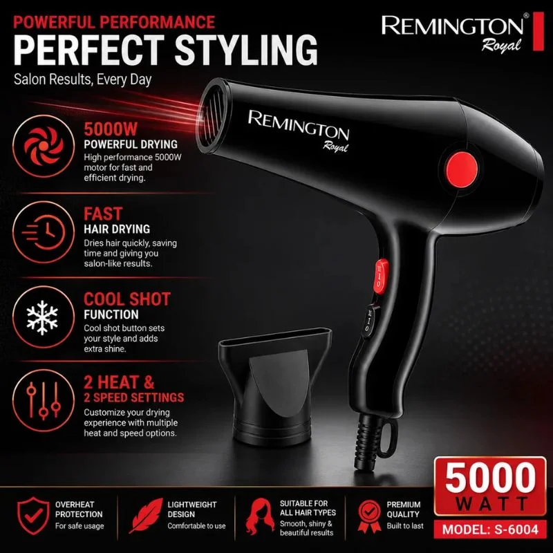 Remington Royal Style House Hair Dryer | Model S-6004 | Fast Drying | Cool Shot Function | 5000W - Image 5