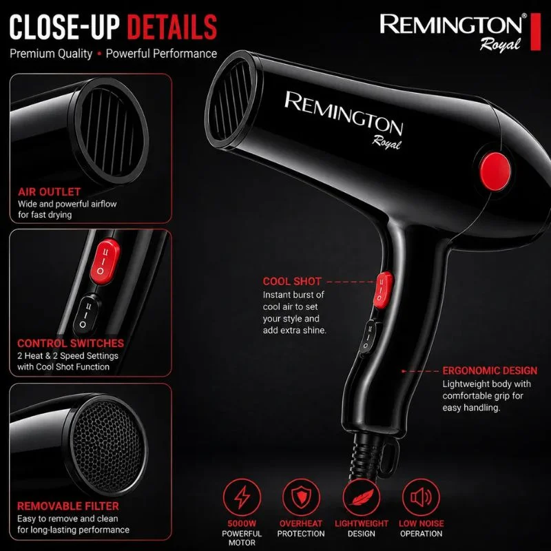 Remington Royal Style House Hair Dryer | Model S-6004 | Fast Drying | Cool Shot Function | 5000W - Image 6