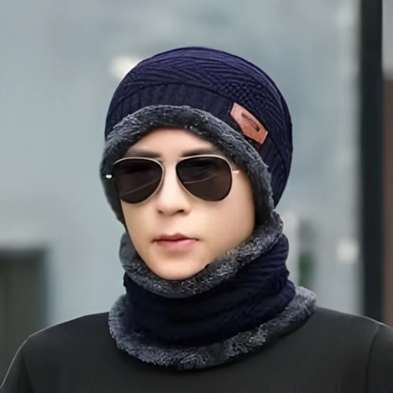 Winter Wool Cap with Neck Warmer Set | Thermal Beanie & Scarf Combo for Men and Women | Blue And Gray - Image 6