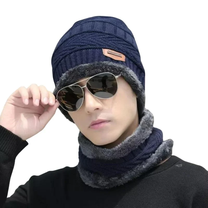 Winter Wool Cap with Neck Warmer Set | Thermal Beanie & Scarf Combo for Men and Women | Blue And Gray - Image 3
