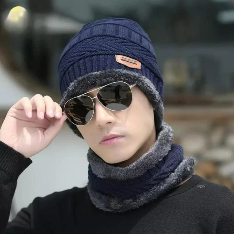 Winter Wool Cap with Neck Warmer Set | Thermal Beanie & Scarf Combo for Men and Women | Blue And Gray - Image 2