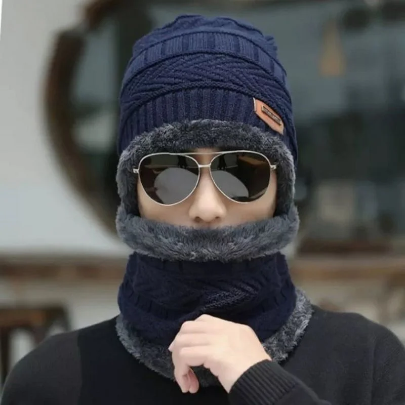 Winter Wool Cap with Neck Warmer Set | Thermal Beanie & Scarf Combo for Men and Women | Blue And Gray