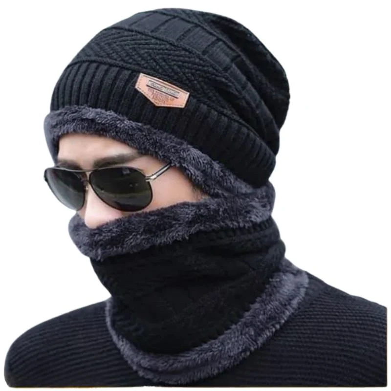 Winter Wool Cap with Neck Warmer Set | Thermal Beanie & Scarf Combo for Men and Women | Black And Gray - Image 4