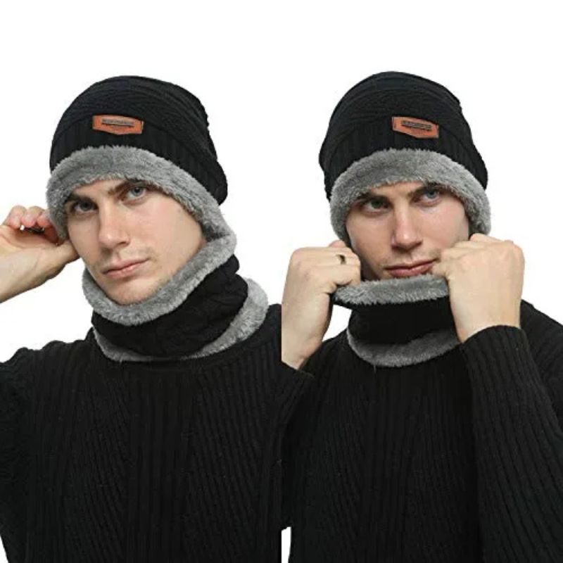 Winter Wool Cap with Neck Warmer Set | Thermal Beanie & Scarf Combo for Men and Women | Black And Gray