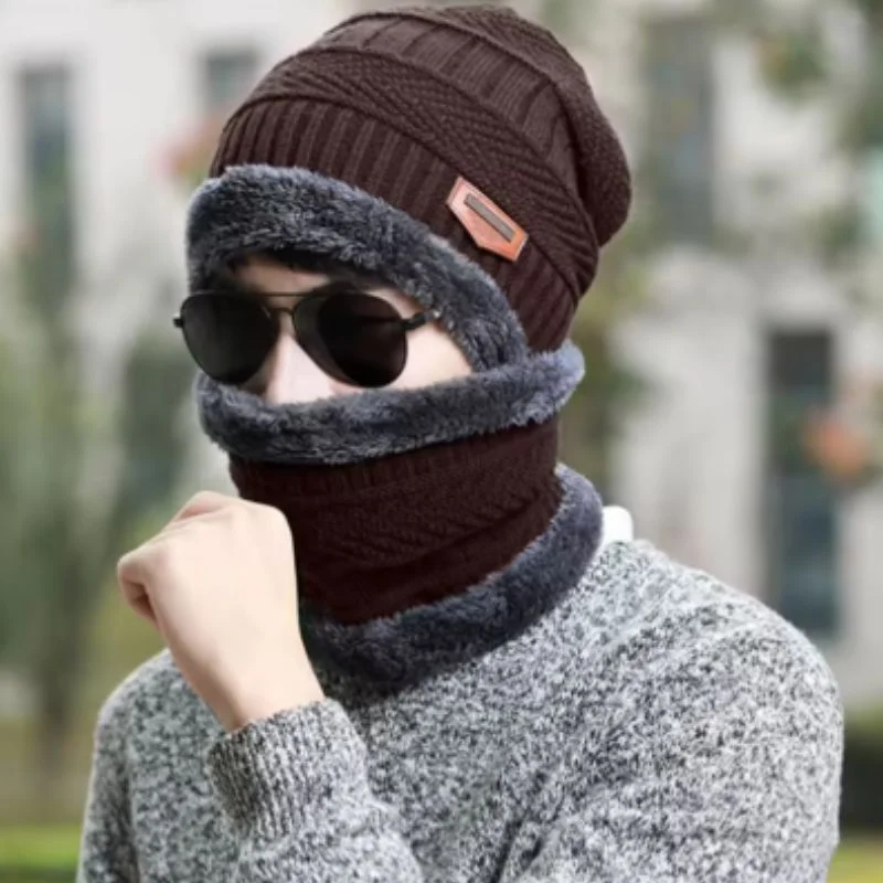 Winter Wool Cap with Neck Warmer Set | Thermal Beanie & Scarf Combo for Men and Women | Brown And Gray - Image 2