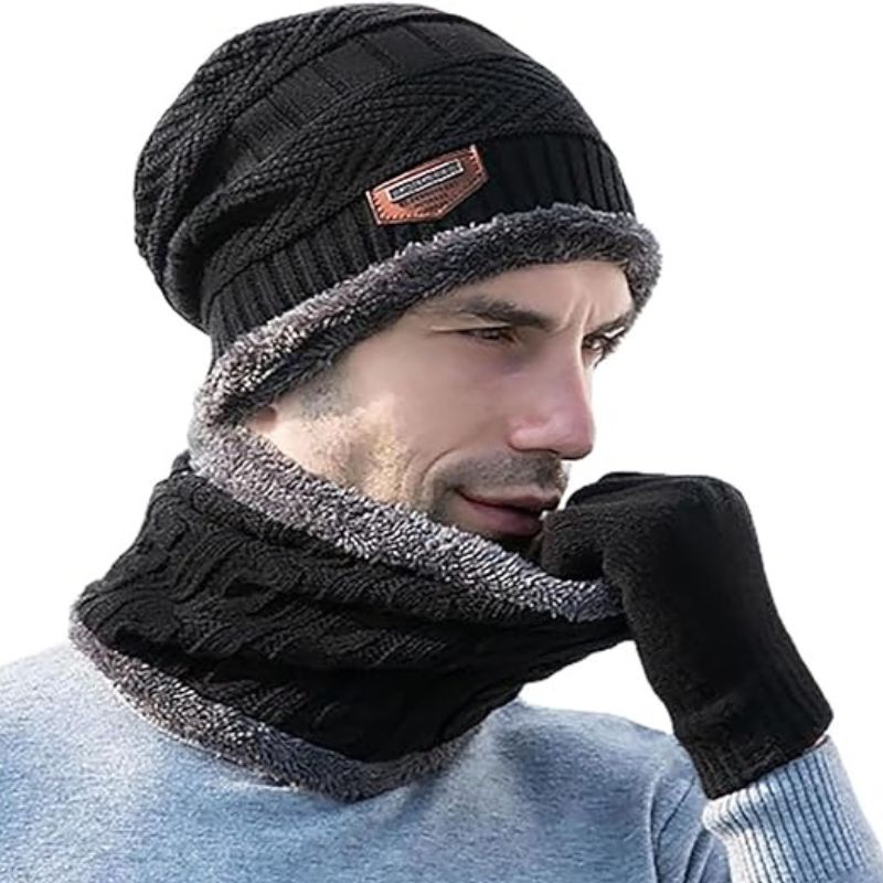 Winter Wool Cap with Neck Warmer Set | Thermal Beanie & Scarf Combo for Men and Women | Black And Gray - Image 9
