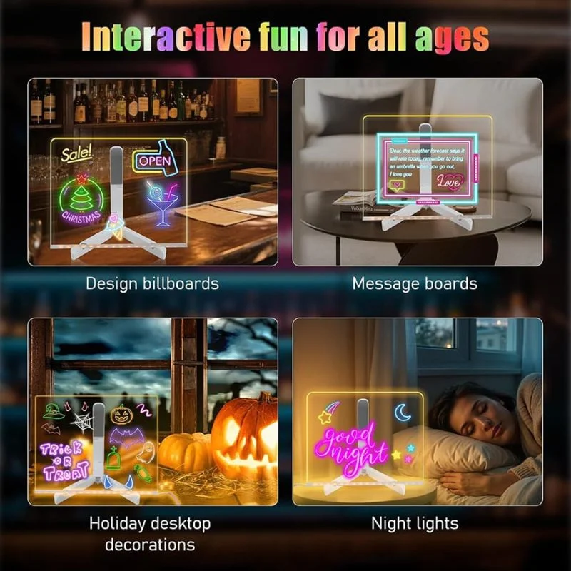 6x6 Inches LED Acrylic Writing Board with USB Light | 7 Colorful Erasable Pens | Message Board with Markers & Stand - Image 4