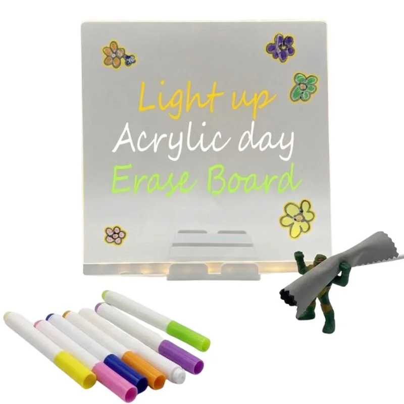 6x6 Inches LED Acrylic Writing Board with USB Light | 7 Colorful Erasable Pens | Message Board with Markers & Stand - Image 5