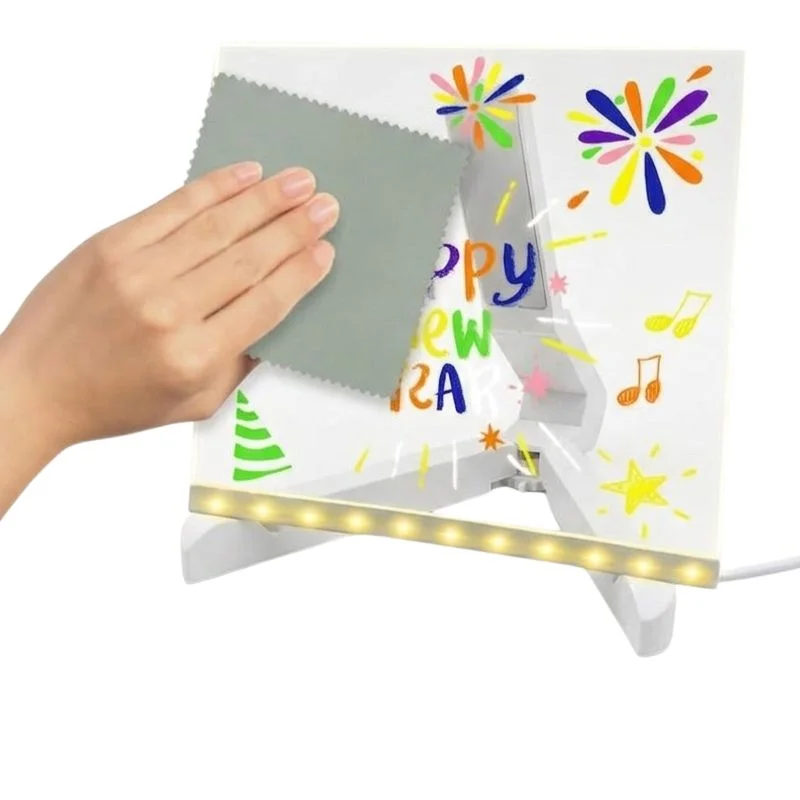 6x6 Inches LED Acrylic Writing Board with USB Light | 7 Colorful Erasable Pens | Message Board with Markers & Stand - Image 2