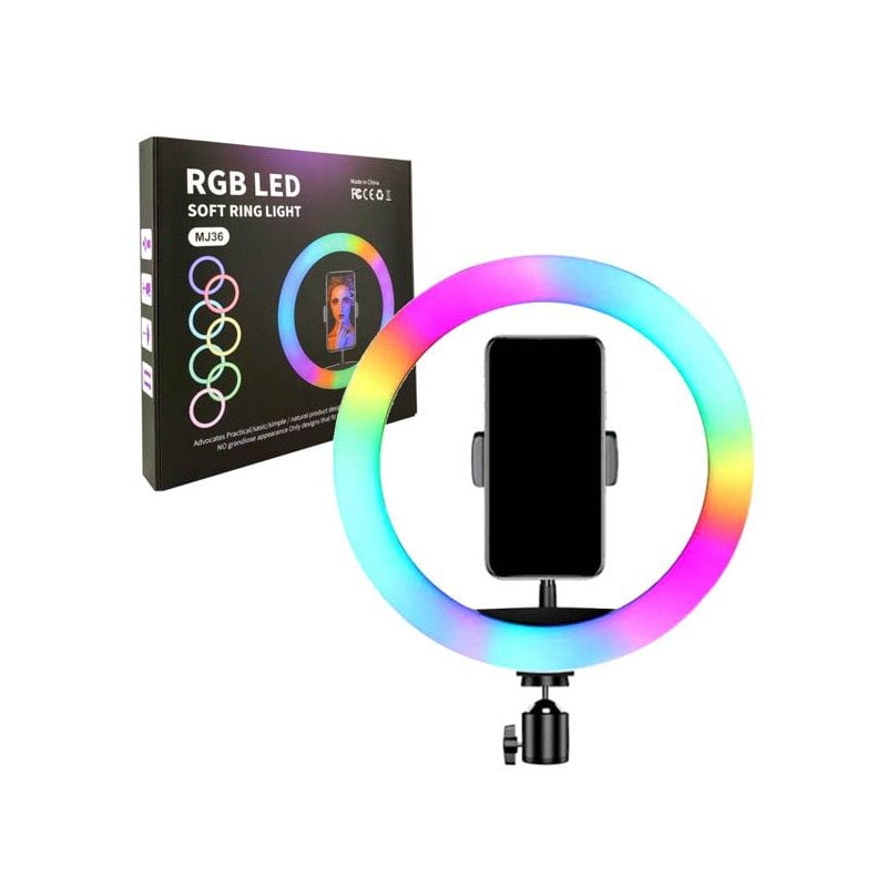 MJ36 RGB LED Ring Light 36cm with 16 Colors, Brightness Control & Phone Holder - Image 3