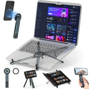 3-in-1 Magnetic Foldable Stand |Model K001 | Aluminum Alloy Phone laptop & Tablet Holder | 8-Level Adjustable Height | 360° Rotating Base | Portable Travel Stand